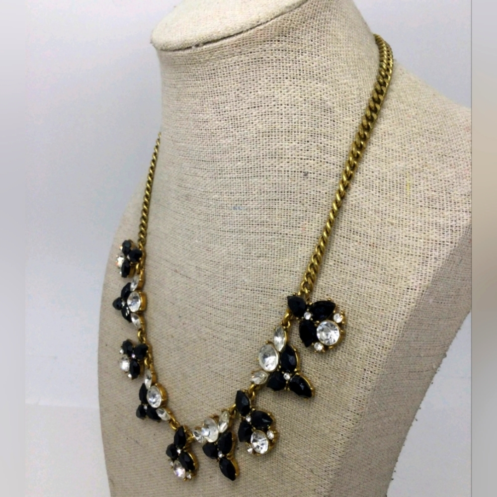 J. Crew Black & Clear Rhinestone Statement Necklace 16"